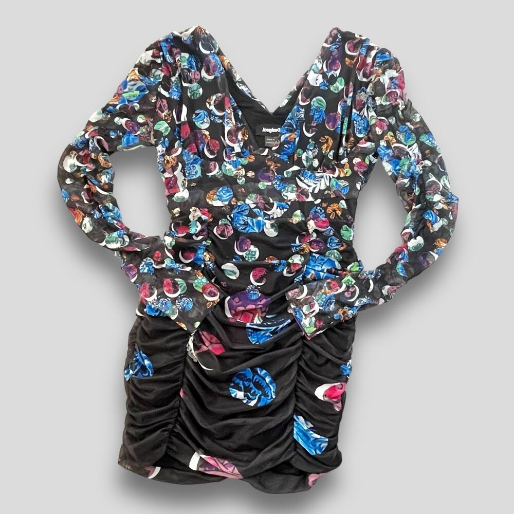 DESIGUAL(NORDSTROM) SHEER LAYERED MESH MINI DRESS COLORFUL Y2K VIBES MEDIUM